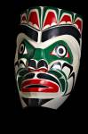 Stock photo of a Chief Kumkawa Mask by Lumario Johnson, First Nation Artist, original West Coast native art, Just Art Gallery, Port McNeill, Northern Vancouver Island, Vancouver Island, British Columbia, Canada. 