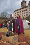Couple dressed medieval clothing medieval market grounds Ronneburg Germany
