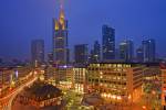 Stock photo of the night life activity of downtown Frankfurt at dusk, Hessen, Germany, Europe.