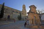 Stock photo of Fuente de Santa Maria (fountain) and the Cathedral of Baeza in Plaza Santa Maria, Town of Baeza - a UNESCO World Heritage Site, Province of Jaen, Andalusia (Andalucia), Spain, Europe.