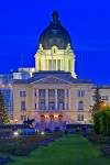 Stock photo of Legislative Building at dusk with a few lights to show its attractive details in the City of Regina, Saskatchewan, Canada.