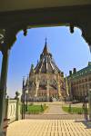 Stock photo of the Library of Parliament building as seen from the pavilion on Parliament Hill in the City of Ottawa, Ontario, Canada.