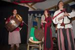 Stock photo shows Medieval musical band members entertaining guests during a medieval feast at Schloss Auerbach (Auerbach Castle), Bensheim-Auerbach, Hessen, Germany, Europe.