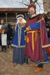 Stock photo of man and woman dressed in medieval clothing during the medieval markets on the grounds of Burg Ronneburg (Burgmuseum), Ronneburg Castle, Ronneburg, Hessen, Germany, Europe.