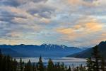 Stock photo of Slocan Lake at sunset fringed by Valhalla Provincial Park and mountains, Slocan Valley, Central Kootenay, British Columbia, Canada.