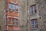 Stock photo of decorated windows of a building at Burg Ronneburg (Burgmuseum), Ronneburg Castle, Ronneburg, Hessen, Germany, Europe.