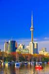 City of Toronto Skyline and Blue Sky as seen from Ontario Place Toronto Lake Ontario Canada
