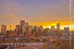 View at Calgary Skyline at sunset with Centre Street Bridge Alberta