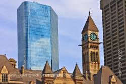 Old City Hall Clock Tower Blue Sky and Modern Buildings Downtown Toronto Ontario Canada