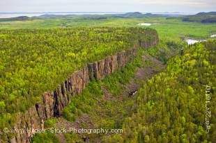 Aerial stock photo of the unique Ouimet Canyon near Thunder Bay in Ouimet Canyon Provincial Park in Northern Ontario, Canada.