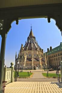 Stock photo of the Library of Parliament building as seen from the pavilion on Parliament Hill in the City of Ottawa, Ontario, Canada.