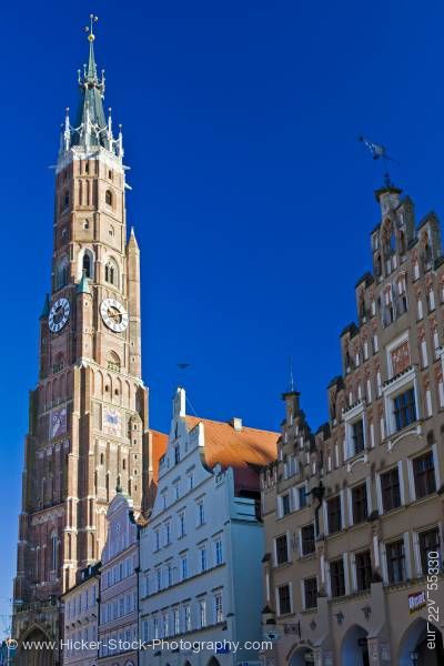 Stock photo of Bell tower of Martinskirche (St Martin's Church) and unique facades of buildings Old Town district