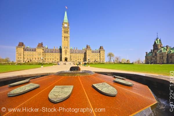 Stock photo of Centennial Flame Centre Block Peace Tower Parliament Buildings Parliament Hill Ottawa Ontario Canada