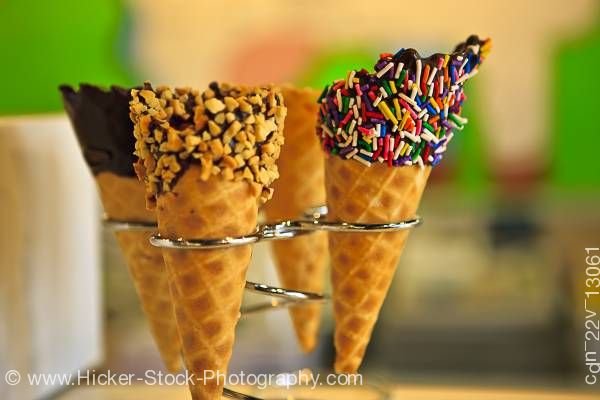 Stock photo of Waffle cones in holder at Cow's in the town of Niagara-on-the-Lake Ontario Canada