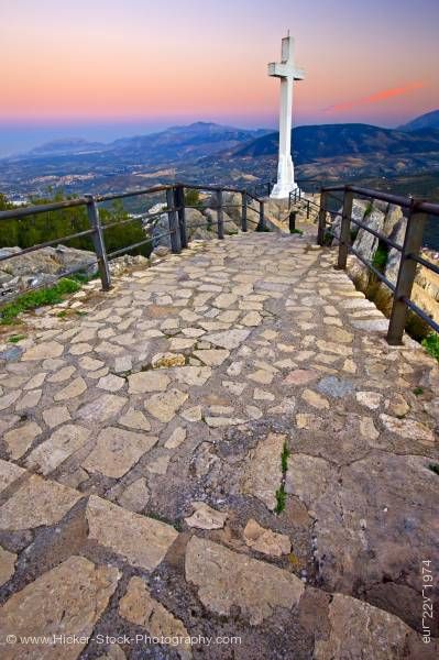 Stock photo of Large white cross at Castillo de Santa Catalina city of Jaen Province of Jaen Andalusia Spain