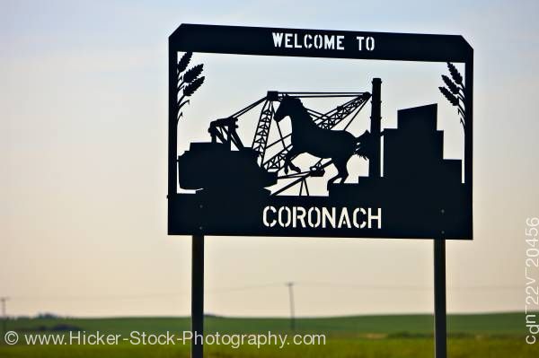 Stock photo of Welcome sign town of Coronach in the Big Muddy Badlands regions of Southern Saskatchewan Canada