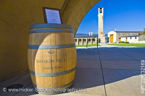 Stock photo of Wine barrel sign entrance Mission Hill Family Estate Winery Kelowna Canada