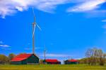 Stock photo of modern windmills and barns on the Bruce Peninsula, Ontario, Canada.