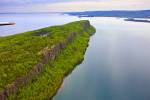 Stock photo showing the cliffs of Caribou Island's coastline as seen from the air above Lake Superior, Ontario, Canada.
