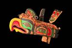 Stock photo of a Chief's helmet carved of wood and painted decoratively by Aubrey Johnson, Weka'yi First Nation Artist, original West Coast native art, Just Art Gallery, Port McNeill, Northern Vancouver Island, Vancouver Island, British Columbia, Canada.