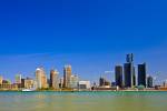 Stock photo of the skyline of the city of Detroit on the Detroit River in Michigan, USA seen from the city of Windsor, Ontario, Canada.