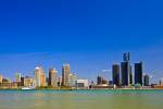 Stock photo of the skyline of the city of Detroit on the Detroit River in Michigan, USA seen from the city of Windsor, Ontario, Canada.