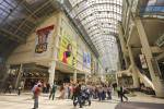 Stock photo of the busy interior of the Eaton Centre shopping complex in downtown Toronto in Ontario, Canada.