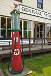 Stock photo of old fashioned gas pump outside the General Store in the Mennonite Heritage Village in Steinbach, Manitoba, Canada.