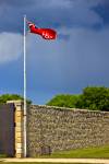 Stock photo of a Hudson Bay Merchant Navy flag at the East Gate of the walls of Lower Fort Garry - a National Historic Site, Selkirk, Manitoba, Canada.