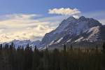 Stock photo of Mount Kidd during winter in Spray Valley Provincial Park, Kananaskis Range, Kananaskis Country, Canadian Rocky Mountains, Alberta, Canada. Tall evergreen trees fill the foreground before the mountain and blue sky with fluffy white clouds be