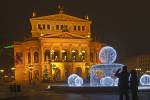 Stock photo of the exquisitely detailed Old Opera House, Alte Oper Frankfurt, and its fountain decorated with lights, at night, downtown Frankfurt, Hessen, Germany, Europe.