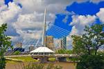 Stock photo of the Esplanade Riel Bridge, a suspension bridge for pedestrians crosses the Red River in the City of Winnipeg, Manitoba, Canada.