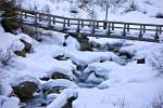 Stock photo of snow and ice formations near the bridge across the Fitzsimmons Creek between Whistler and Blackcomb Mountains during winter, Whistler, British Columbia, Canada.