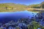 Stock photo of the forest scenery reflects on the water surface of Tofino Inlet, a transition area of the Clayoquot Sound UNESCO Biosphere Reserve, Vancouver Island, British Columbia, Canada.