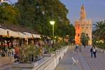 Stock photo of an evening view of the Torre del Oro which also houses the Museo Maritimo, El Arenal District, City of Sevilla (Seville), Province of Sevilla, Andalusia (Andalucia), Spain, Europe.