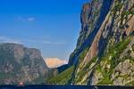 Stock photo of the tour boat, the West Brook II traveling beside the dominating cliffs of Western Brook Pond, Gros Morne National Park, UNESCO World Heritage Site, Viking Trail, Trails to the Vikings, Highway 430, Northern Peninsula, Great Northern Penins