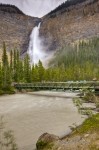 Stock photo of the bridge along the trail to the beautiful cascading waterfall Takakkaw Falls waterfall along the Yoho River in Yoho National Park, British Columbia, Canada.