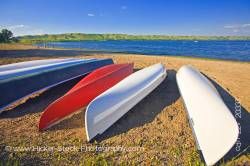 Canoes beach Echo Lake in Echo Valley Provincial Park Qu'Appelle Valley Saskatchewan Canada