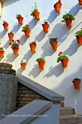 Flower pots wall La Juderia district City of Cordoba Province of Cordoba Andalusia Spain
