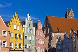 Colorful facades of buildings in Old Town district in City of Landshut Bavaria Germany Europe