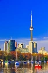 City of Toronto Skyline and Blue Sky as seen from Ontario Place Toronto Lake Ontario Canada
