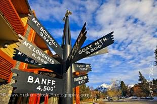 Stock photo of Multi-directional metal post sign and white letters showing various mountains of Banff National Park in Alberta, Canada.