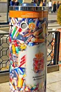 Stock photo of battery recycle bin container in the City of Granada, Province of Granada, Andalusia (Andalucia), Spain, Europe.