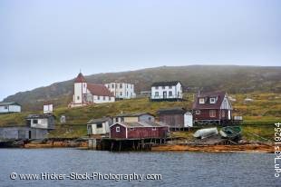 Stock photo of the Battle Harbor’s historic fishing village situated on Battle Island at the entrance to the St Lewis Inlet seen from the ferry, Viking Trail, Trails to the Vikings, Southern Labrador, Labrador, Atlantic Canada, Canada.