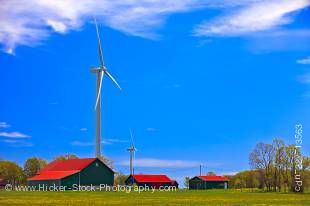 Stock photo of modern windmills and barns on the Bruce Peninsula, Ontario, Canada.