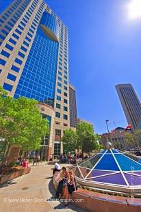 Stock photo of an unusual angle of the Canwest Place building in the City of Winnipeg, Manitoba, Canada.