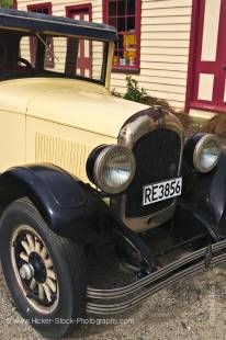 Stock photo of an old vintage Chrysler car parked outside the historic Cardrona Hotel, Crown Range Road, Central Otago, South Island, New Zealand.