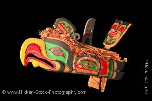 Stock photo of a Chief's helmet carved of wood and painted decoratively by Aubrey Johnson, Weka'yi First Nation Artist, original West Coast native art, Just Art Gallery, Port McNeill, Northern Vancouver Island, Vancouver Island, British Columbia, Canada.