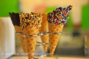 Stock photo of delicious chocolate dipped waffle cones at Cow's in the town of Niagara-on-the-Lake, Ontario, Canada.