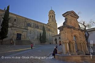 Stock photo of Fuente de Santa Maria (fountain) and the Cathedral of Baeza in Plaza Santa Maria, Town of Baeza - a UNESCO World Heritage Site, Province of Jaen, Andalusia (Andalucia), Spain, Europe.